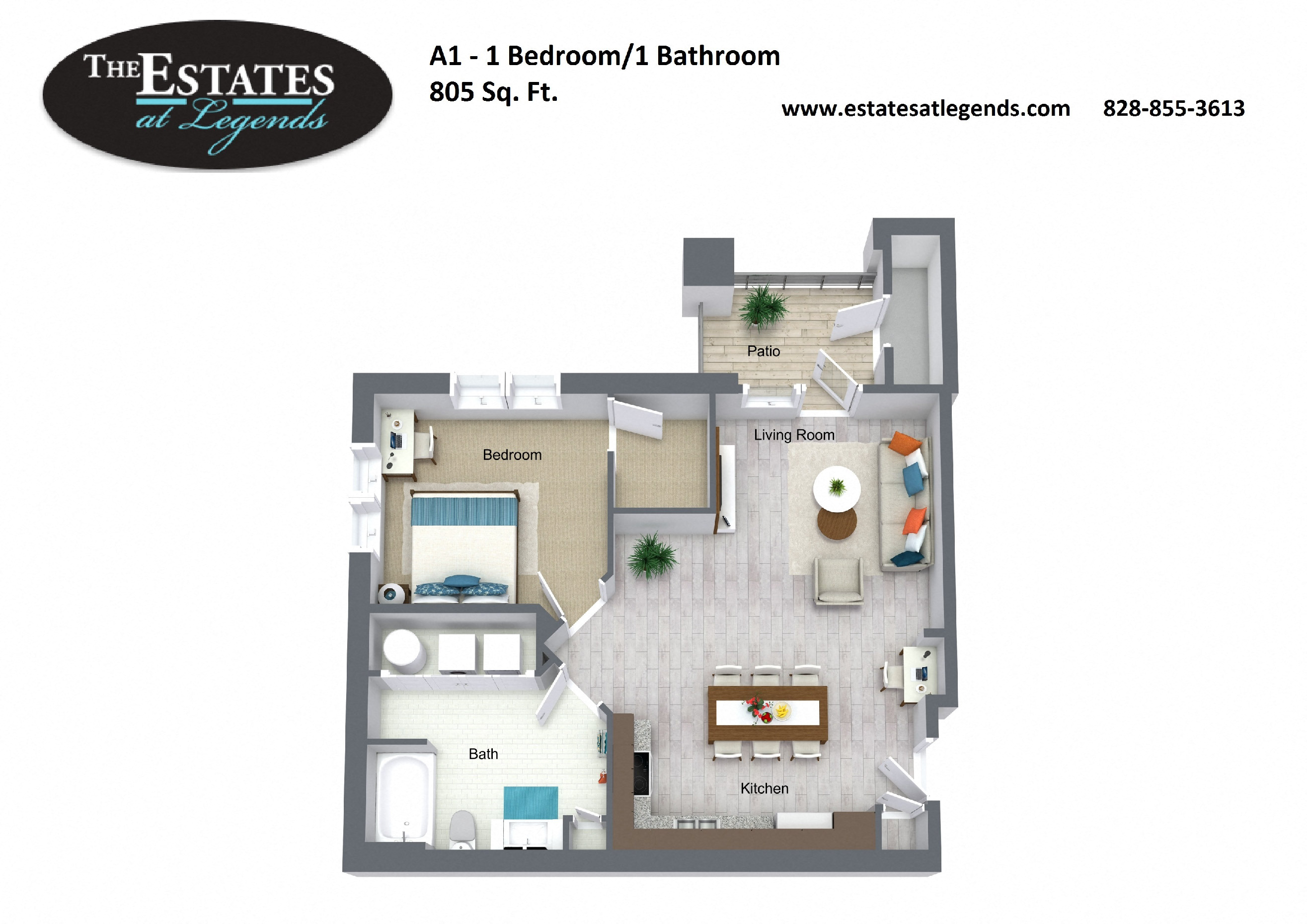 Floor plan for 1 bed, 1 bath, 805 sqft