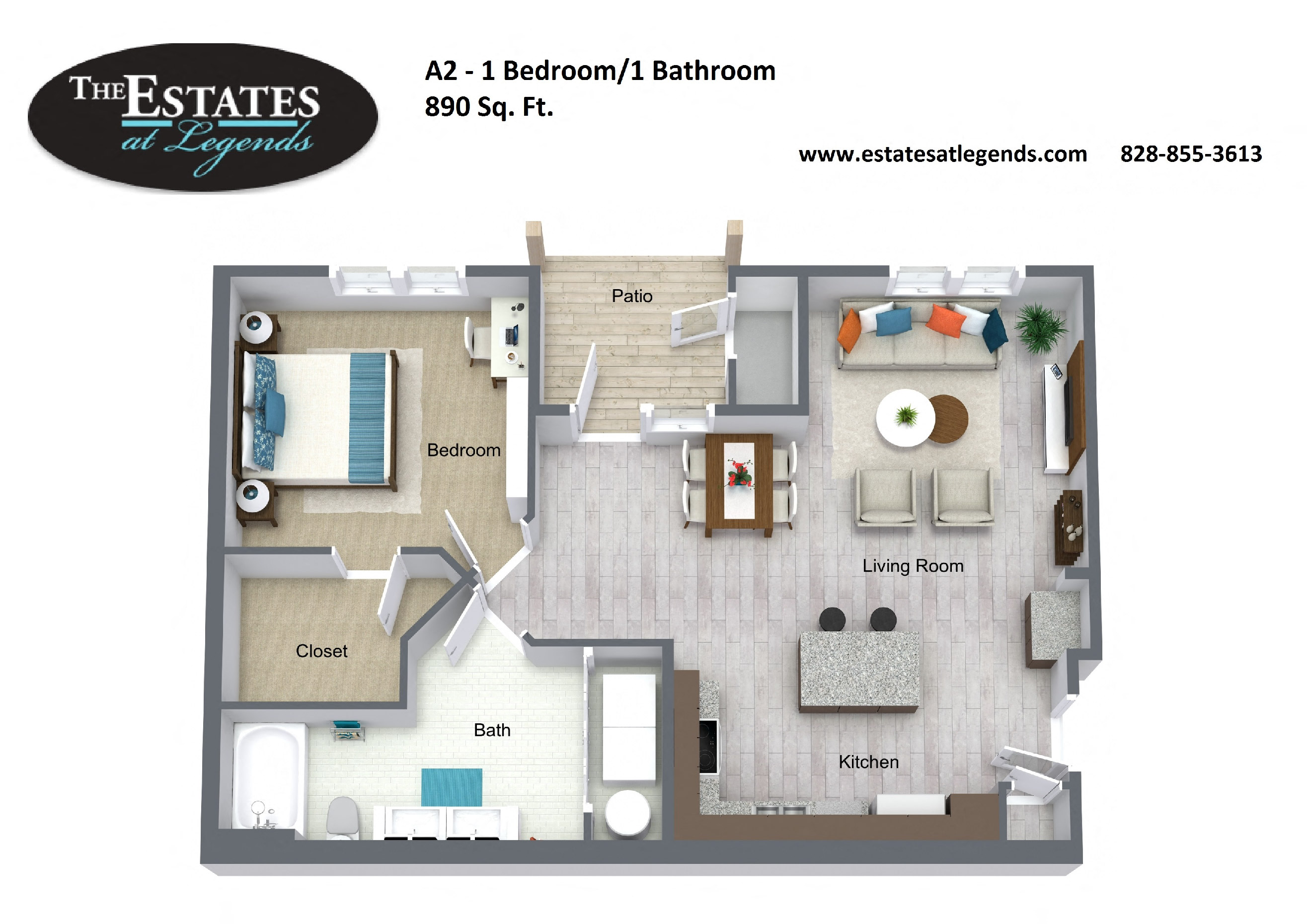 Floor plan for 1 bed, 1 bath, 890 sqft