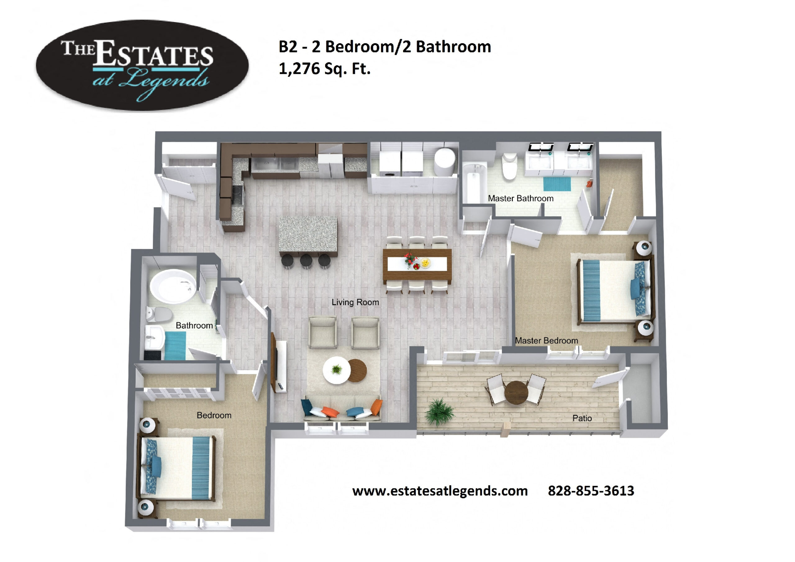 Floor plan for 2 beds, 2 baths, 1276 sqft