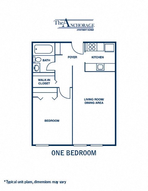 Floor plan for 1 bed, 1 bath, 644 sqft
