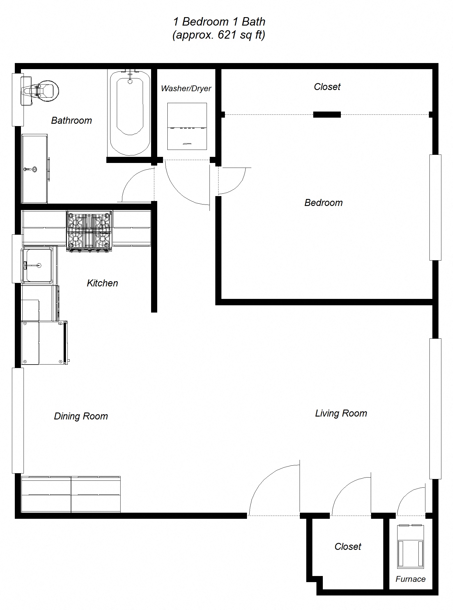 Floor plan for 1 bed, 1 bath, 682 sqft