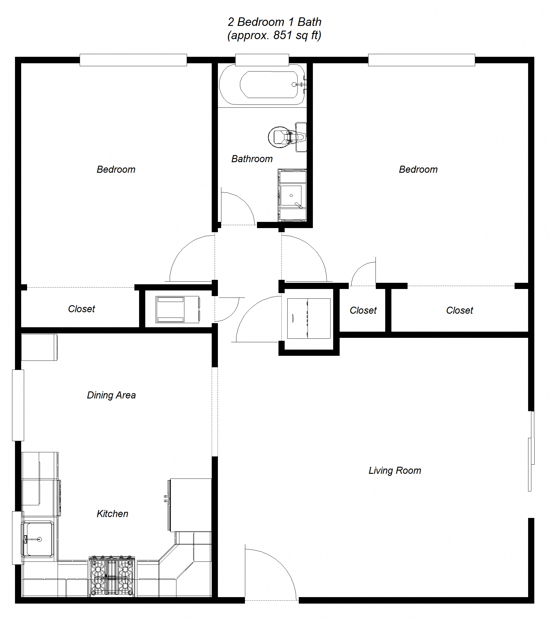 Floor plan for 2 beds, 1 bath, 900 sqft