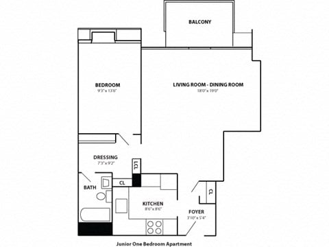 Floor plan for 1 bed, 1 bath, 558 sqft