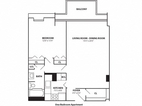 Floor plan for 1 bed, 1 bath, 668 sqft