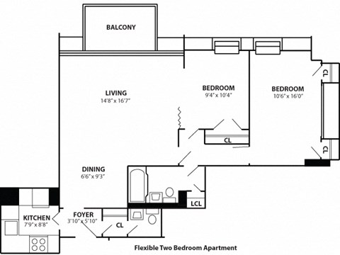 Floor plan for 2 beds, 2 baths, 741 sqft