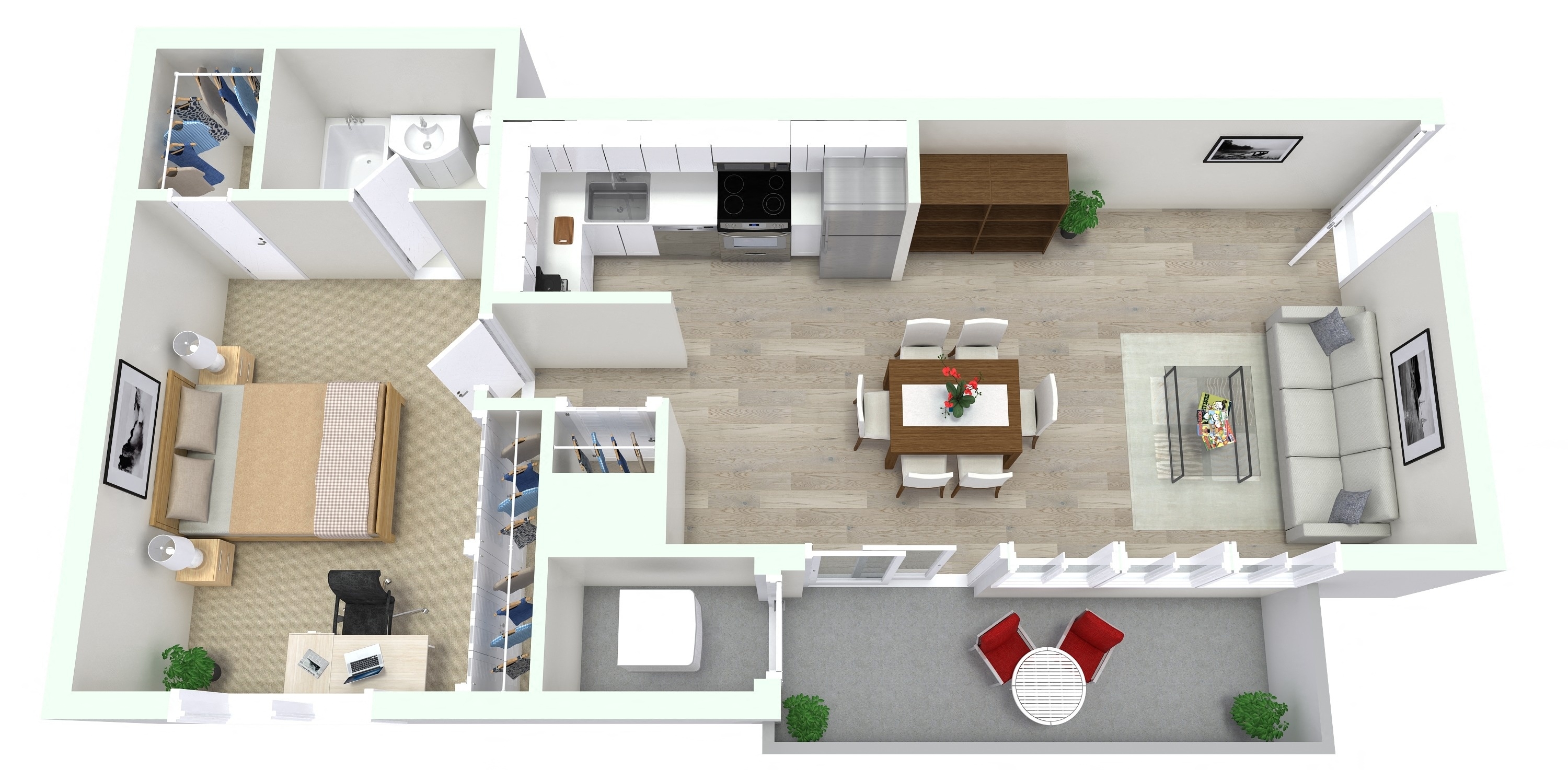 Floor plan for 1 bed, 1 bath, 840 sqft