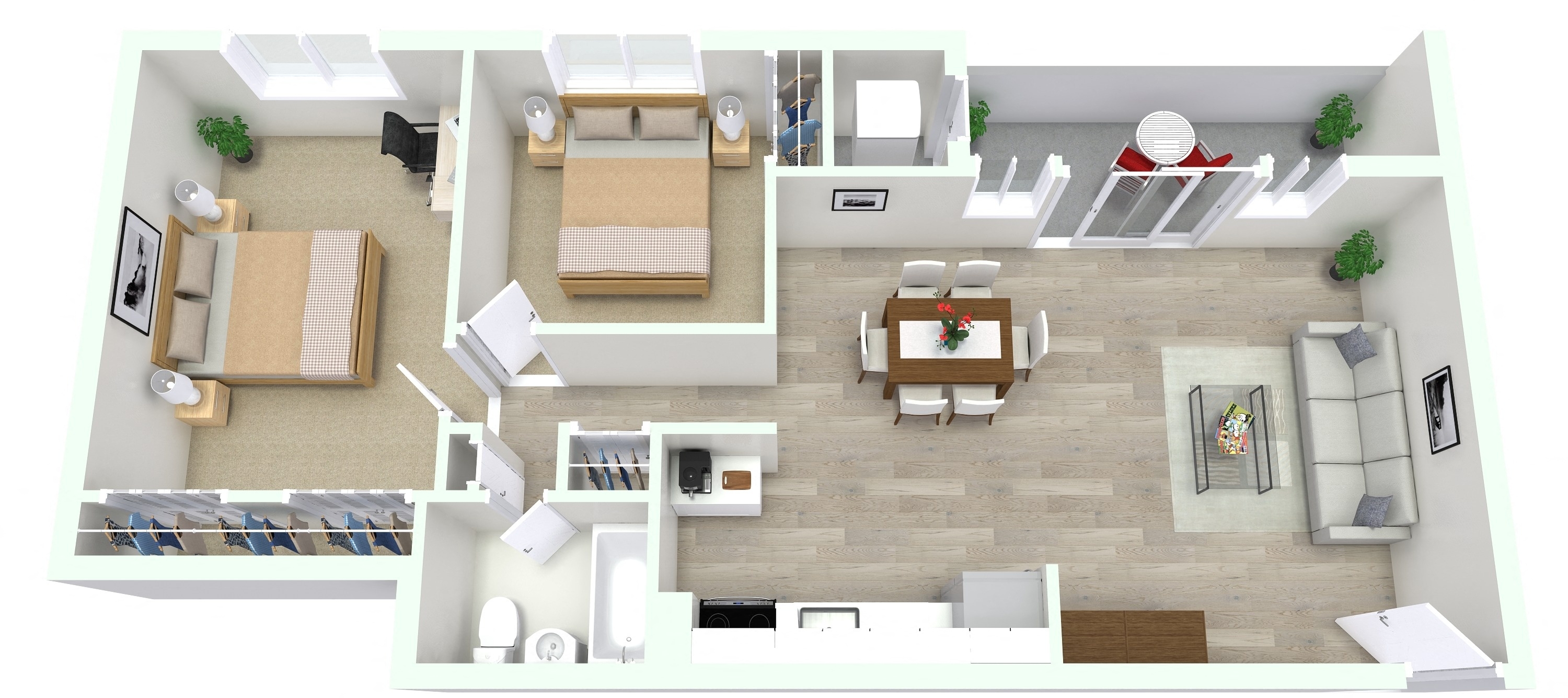 Floor plan for 2 beds, 1 bath, 840 sqft
