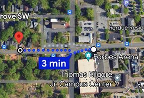 Atlanta apartment for rent - A map shows a red marker and a route that takes 3 minutes to get to Thomas Kilgore Jr. Campus Center.