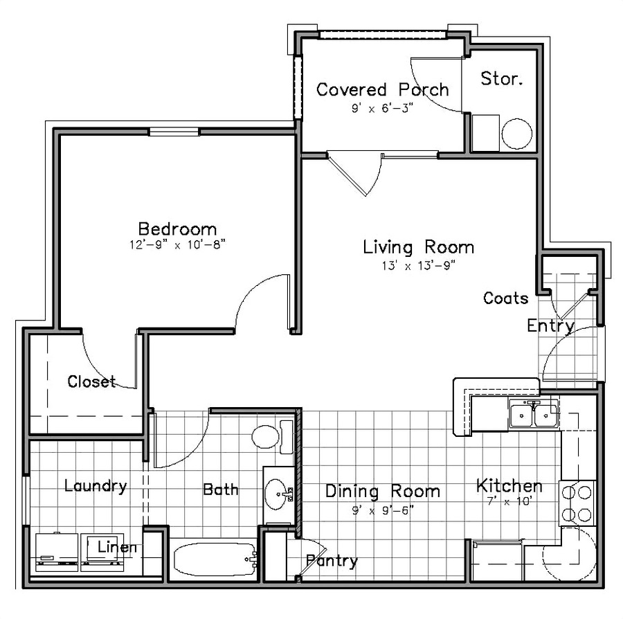Floor plan for 1 bed, 1 bath, 768 sqft