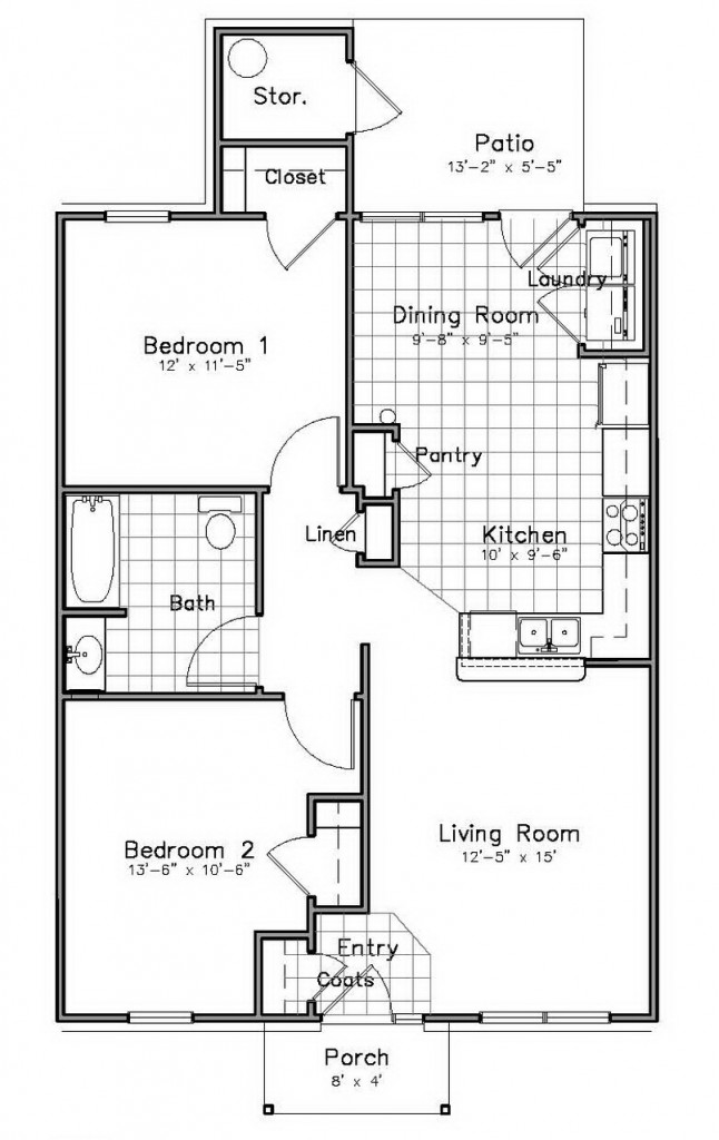 Floor plan for 2 beds, 1 bath