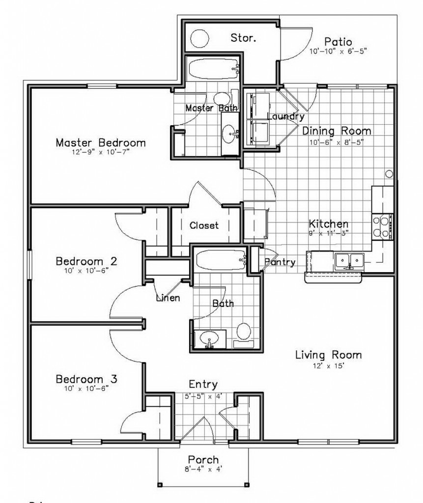 Floor plan for 3 beds, 2 baths, 1380 sqft