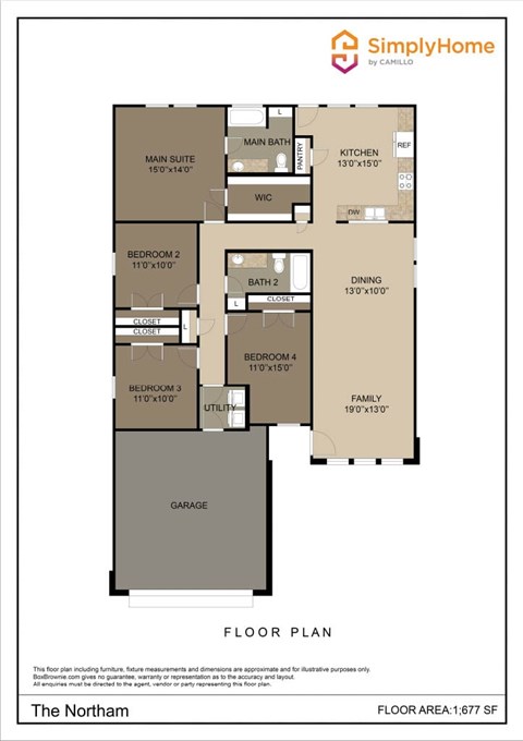 Floor plan for 4 beds, 2 baths, 1677 sqft