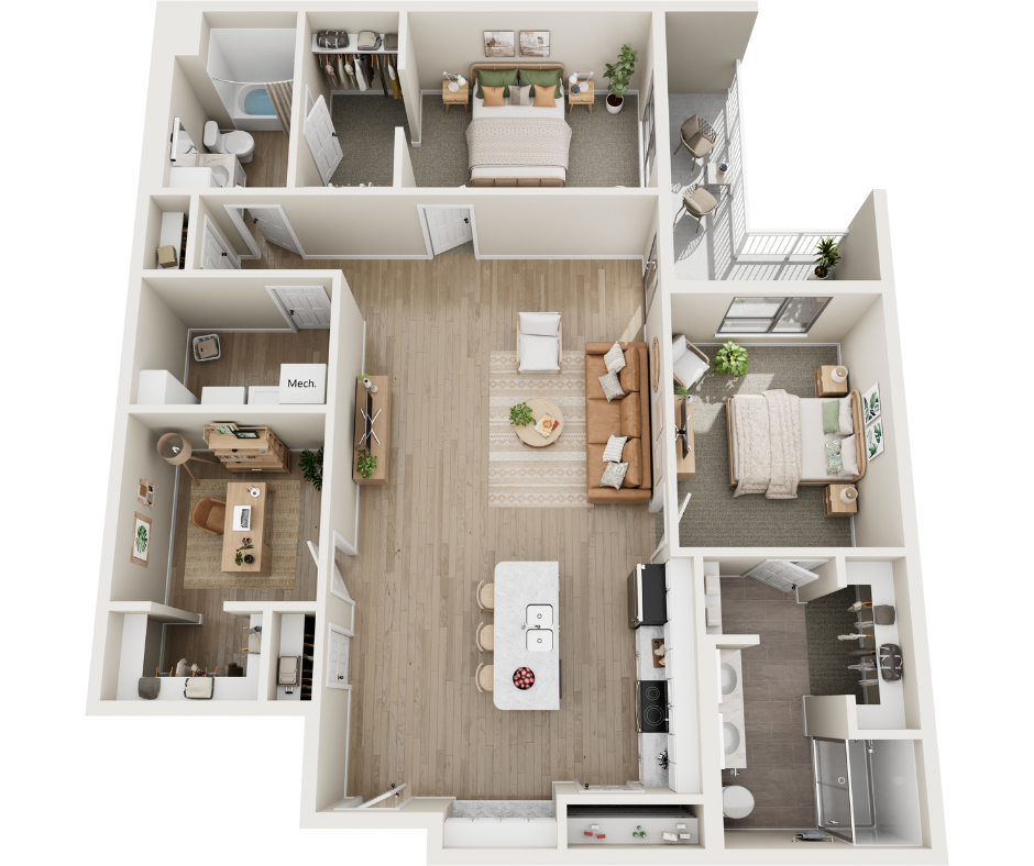 Floor plan for 2 beds, 2 baths, 1390 sqft