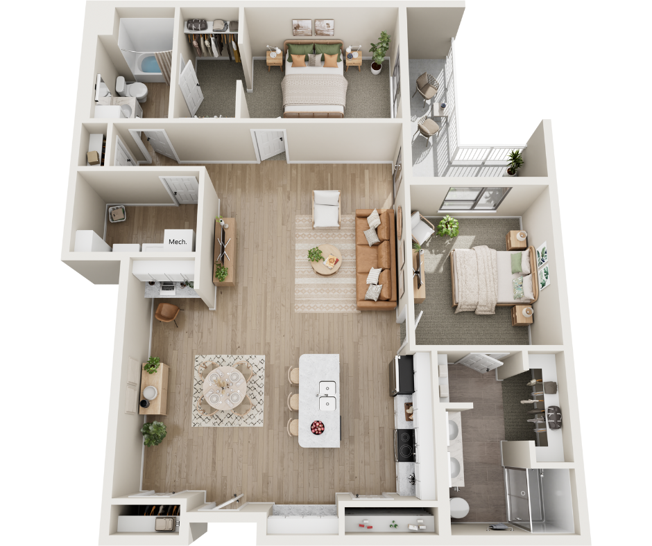 Floor plan for 2 beds, 2 baths, 1350 sqft