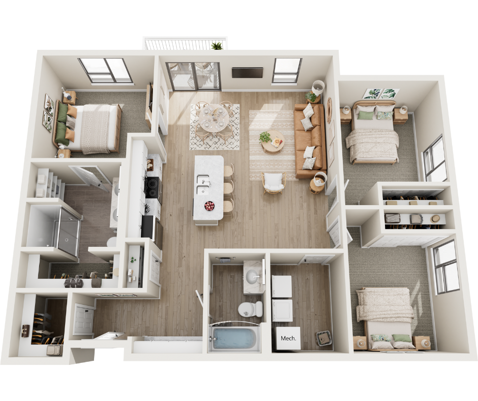 Floor plan for 3 beds, 2 baths, 1273 sqft