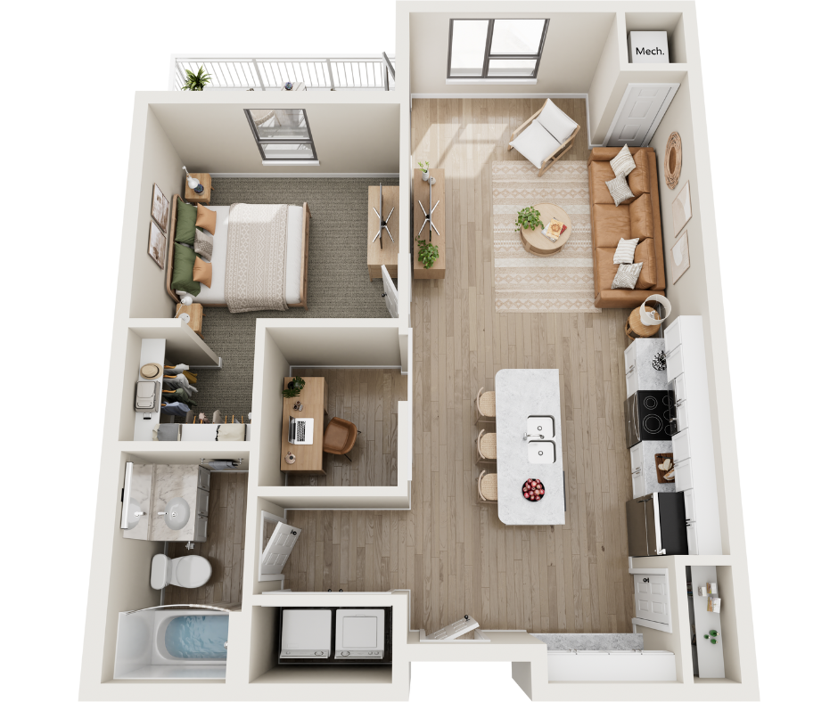Floor plan for 1 bed, 1 bath, 782 sqft