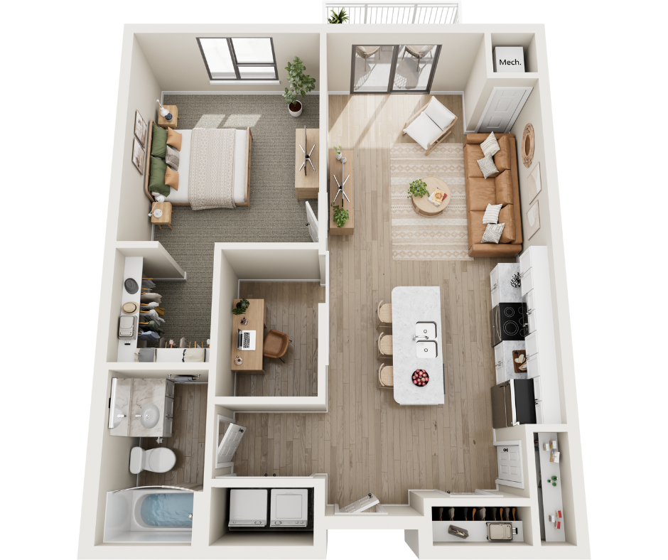 Floor plan for 1 bed, 1 bath, 842 sqft
