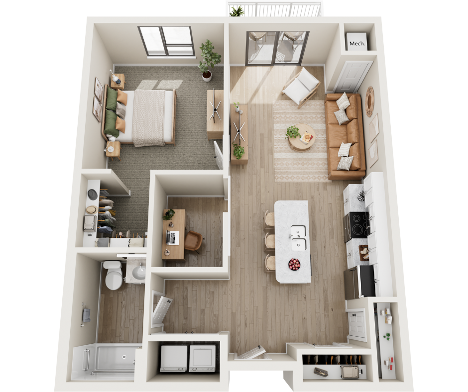 Floor plan for 1 bed, 1 bath, 840 sqft