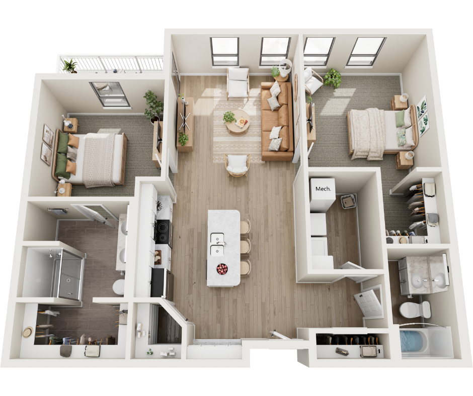 Floor plan for 2 beds, 2 baths, 1164 sqft
