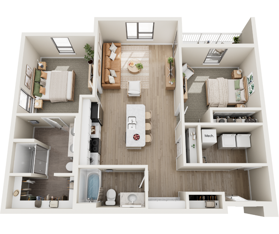 Floor plan for 2 beds, 2 baths, 1112 sqft