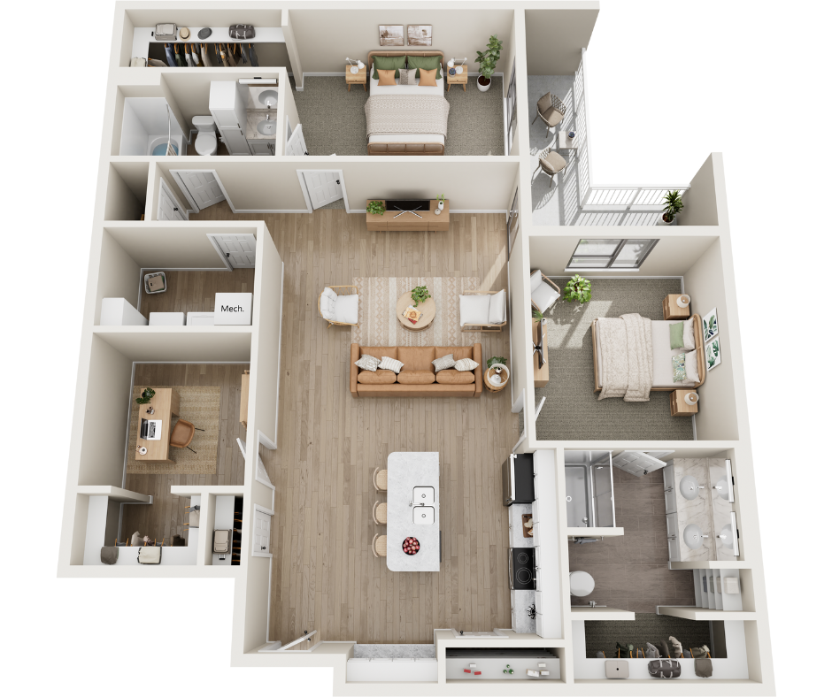 Floor plan for 2 beds, 2 baths, 1410 sqft