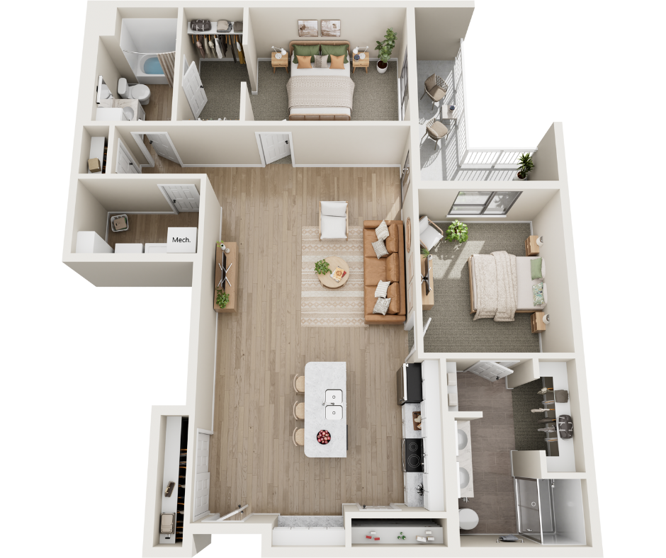 Floor plan for 2 beds, 2 baths, 1276 sqft