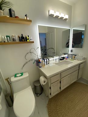 Los Angeles apartment for rent - a bathroom with a toilet and a sink and a mirror