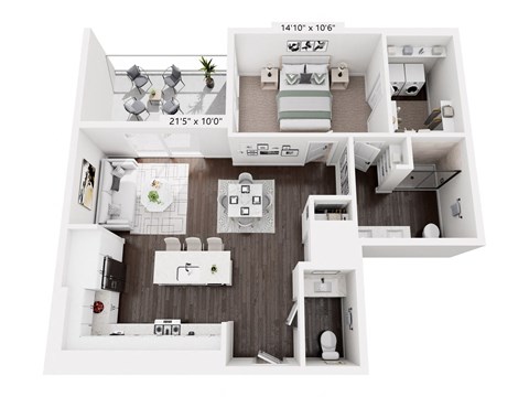 Floor plan for 1 bed, 1 bath, 895 sqft