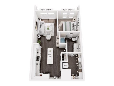 Floor plan for 1 bed, 1 bath, 704 sqft