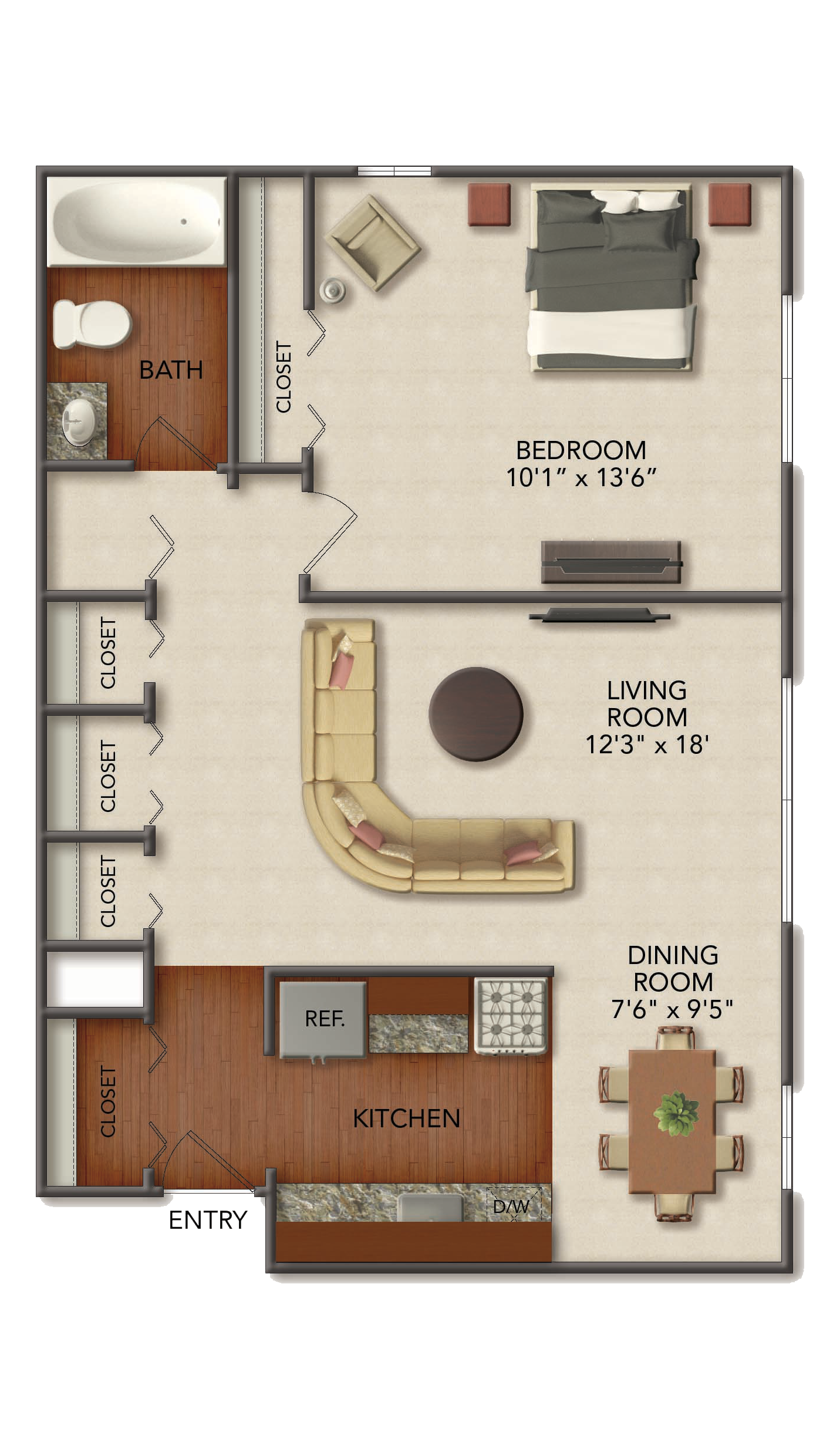Floor plan for 1 bed, 1 bath, 836 sqft