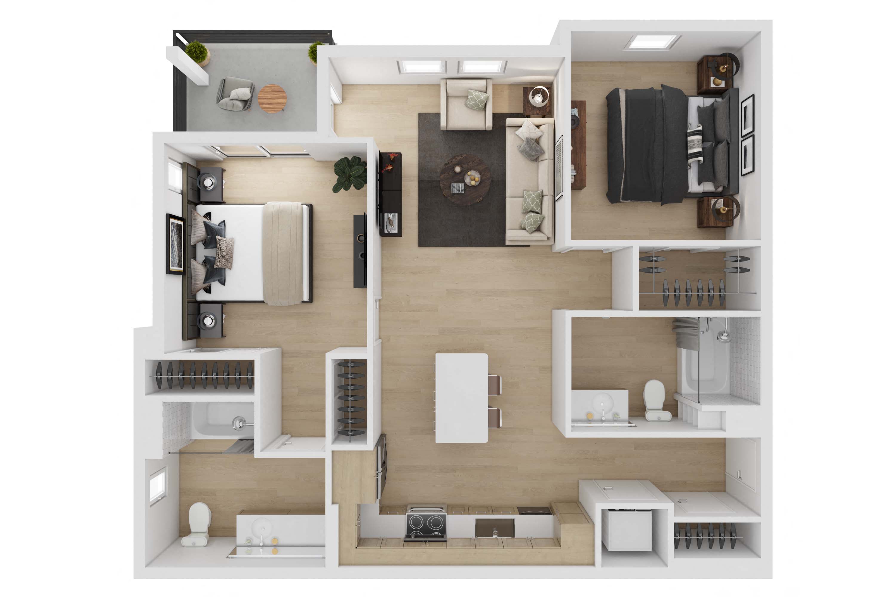 Floor plan for 2 beds, 2 baths, 1034 sqft