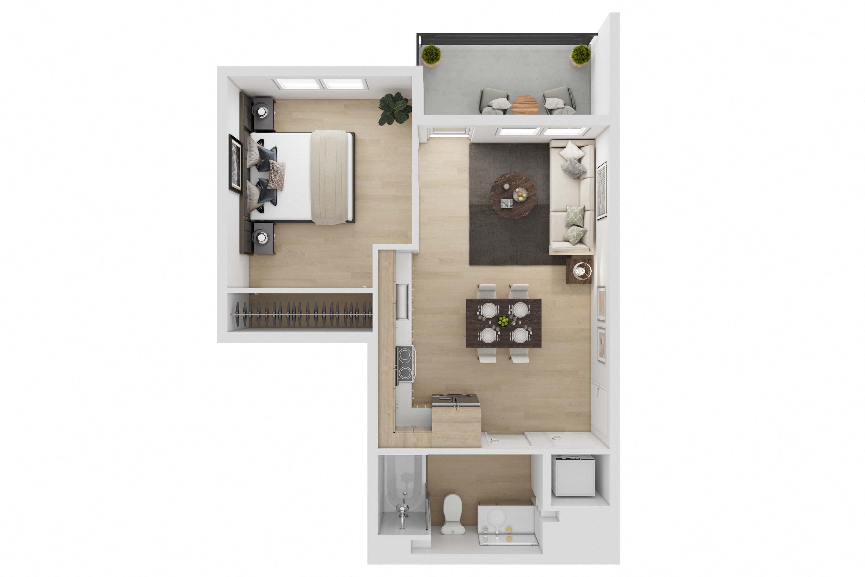 Floor plan for 1 bed, 1 bath, 607 sqft