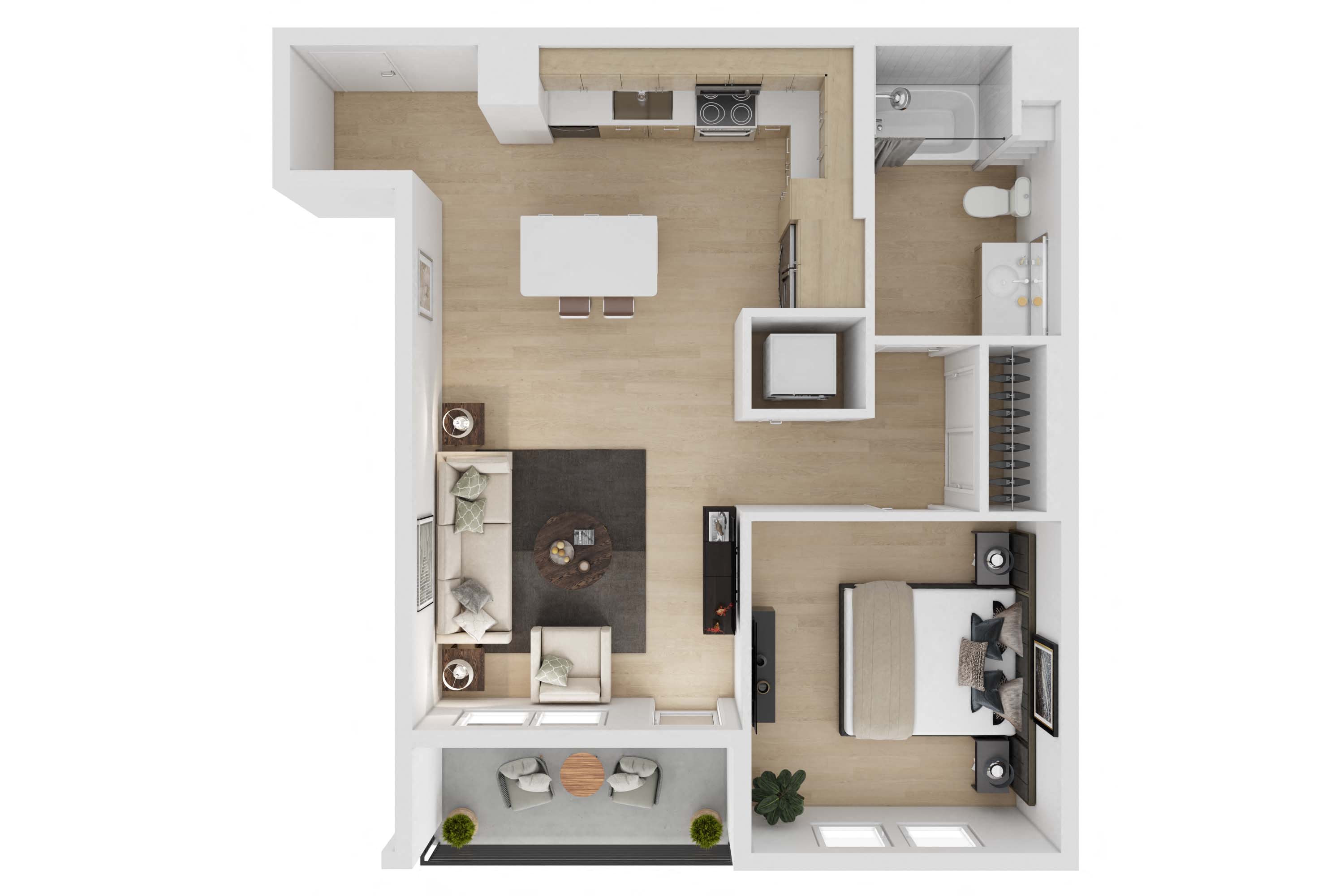 Floor plan for 1 bed, 1 bath, 745 sqft