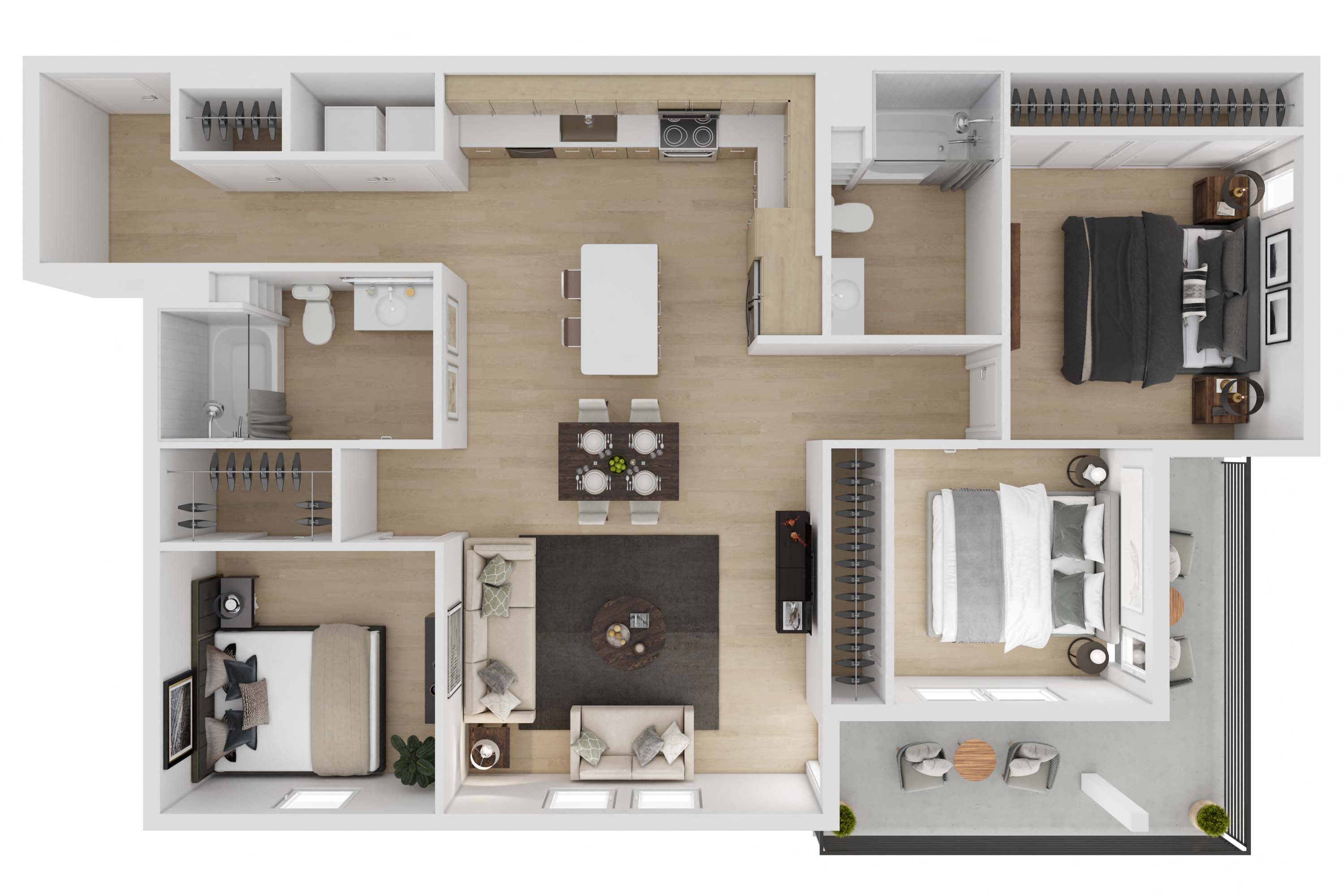 Floor plan for 3 beds, 2 baths, 1273 sqft