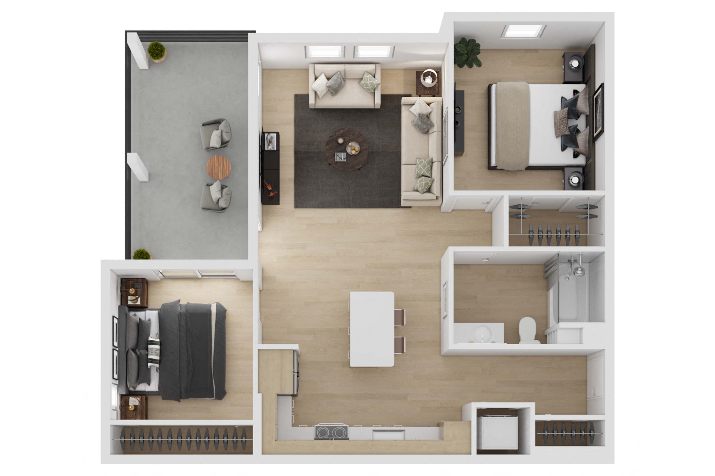 Floor plan for 2 beds, 1 bath, 930 sqft