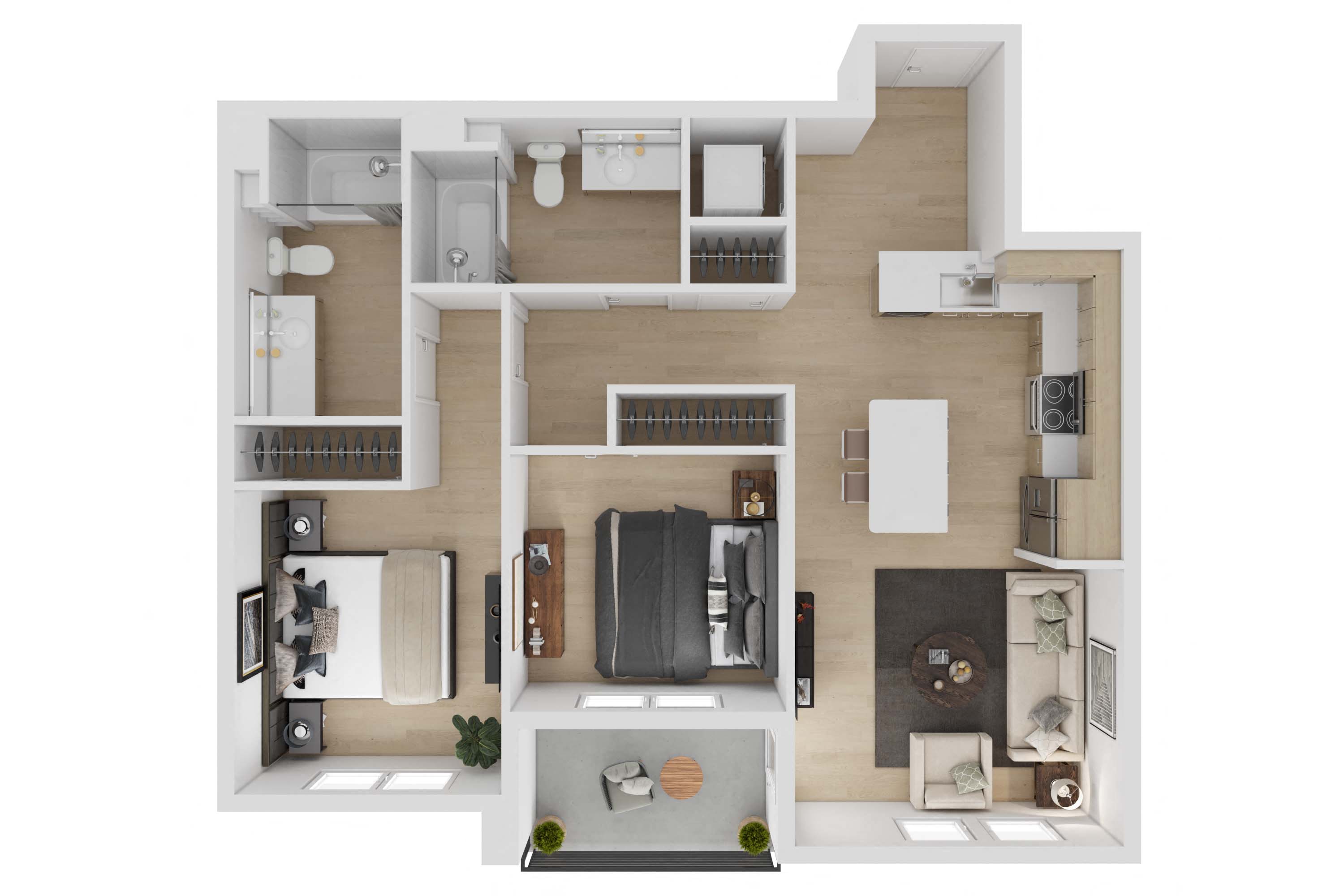 Floor plan for 2 beds, 2 baths, 933 sqft