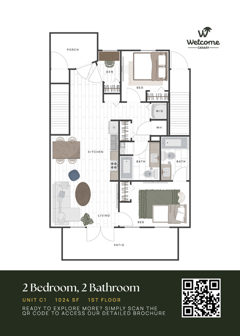 Floor plan for 2 beds, 2 baths, 1024 sqft