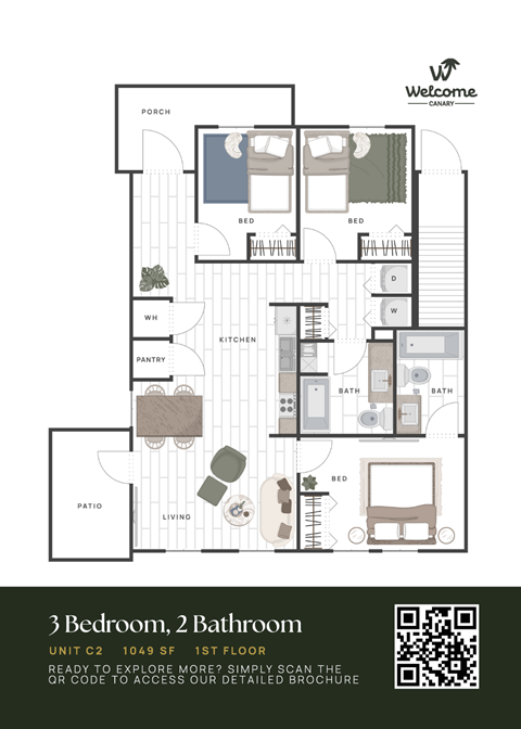 Floor plan for 3 beds, 2 baths, 1049 sqft