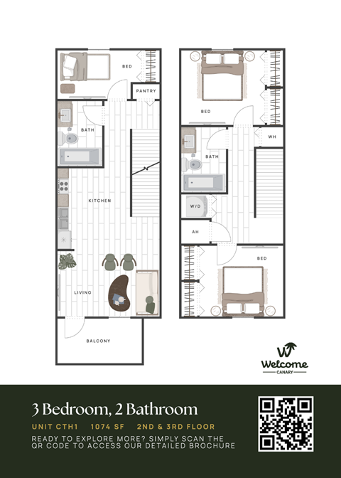 Floor plan for 3 beds, 2 baths, 1074 sqft