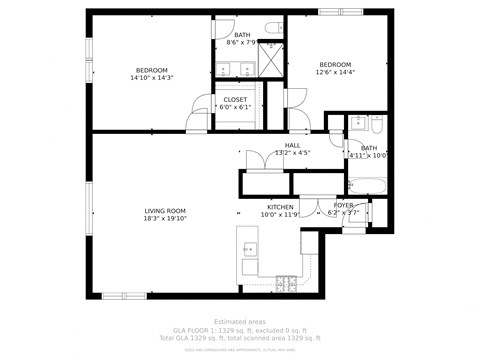 Floor plan for 2 beds, 2 baths, 1307 sqft
