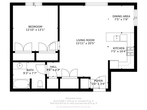 Floor plan for 1 bed, 1 bath, 920 sqft
