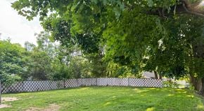 Belding house for rent - a backyard with a fence and green grass and trees