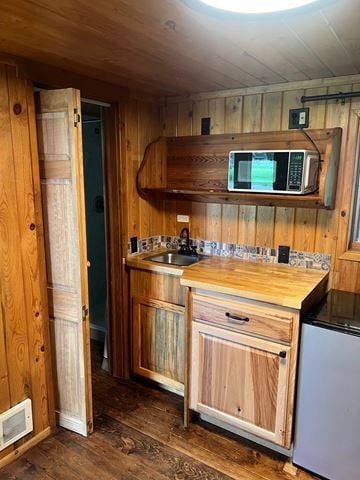 Whitefish apartment for rent - a small kitchen with a sink and a microwave