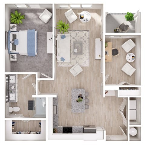 Floor plan for 1 bed, 1 bath, 1077 sqft
