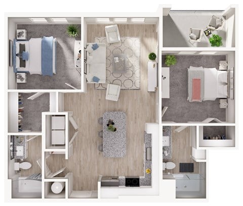 Floor plan for 2 beds, 2 baths, 1068 sqft