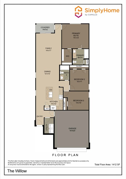 Floor plan for 3 beds, 2 baths, 1412 sqft
