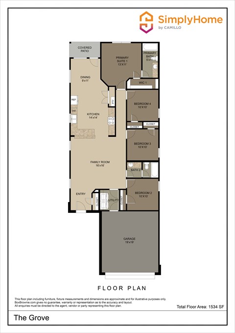 Floor plan for 4 beds, 2 baths, 1534 sqft