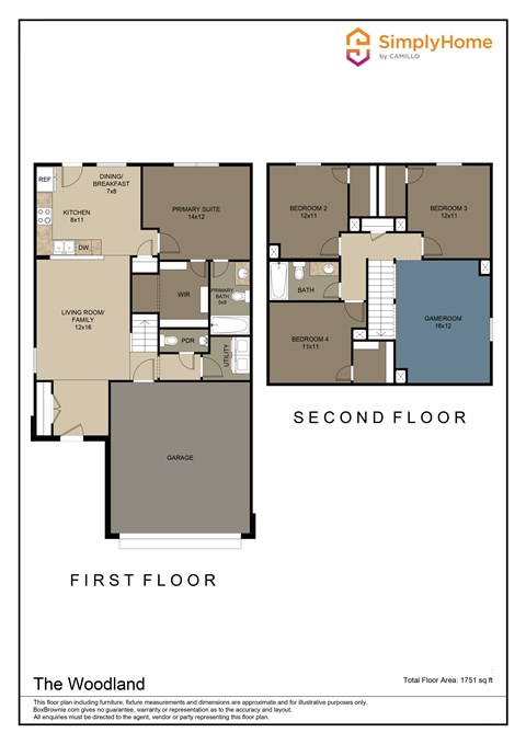 Floor plan for 4 beds, 2.5 baths, 1751 sqft