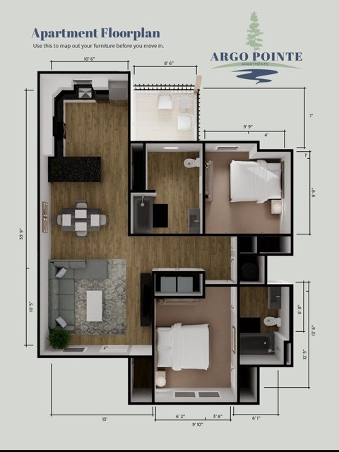 Floor plan for 2 beds, 2 baths, 964 sqft