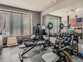 San Antonio house for rent - a home gym with weights and a us flag on the wall